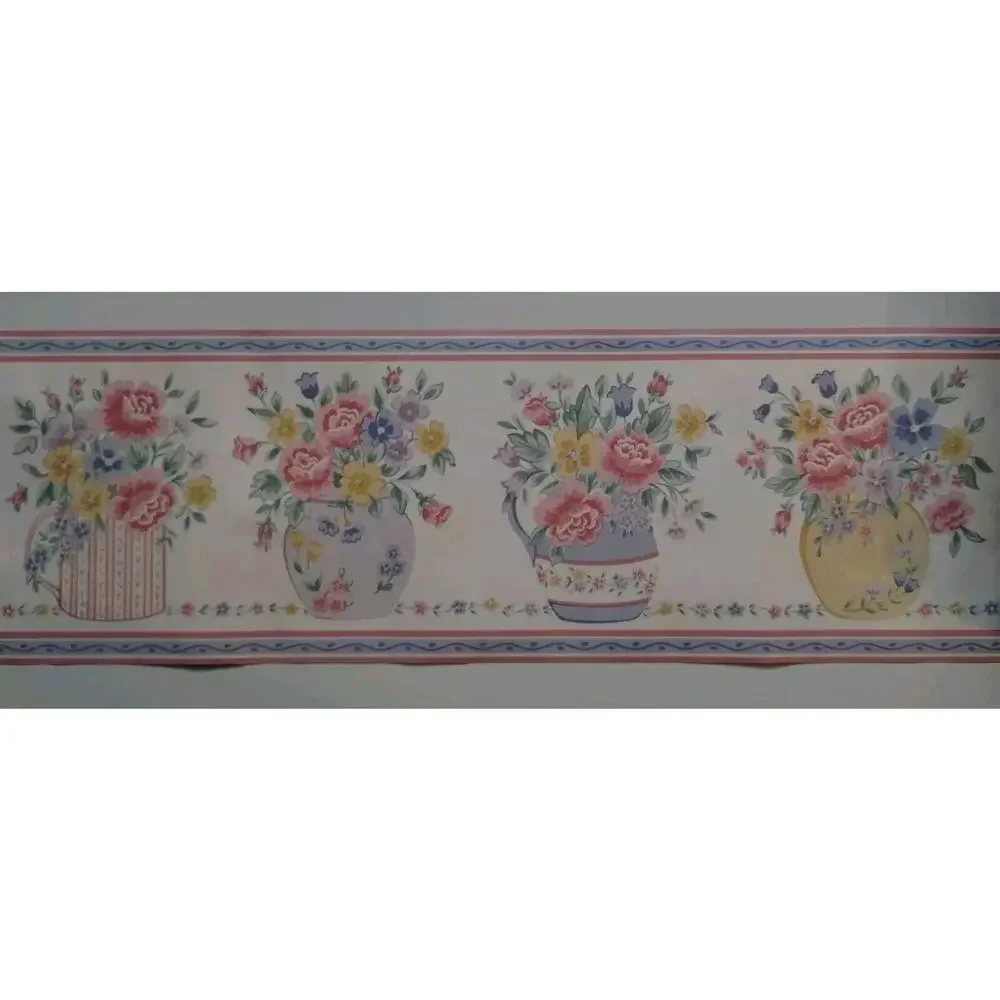 Pre-pasted Decorative Wall Border - Vases with Flowers - Pink Purple Yellow 5 yd